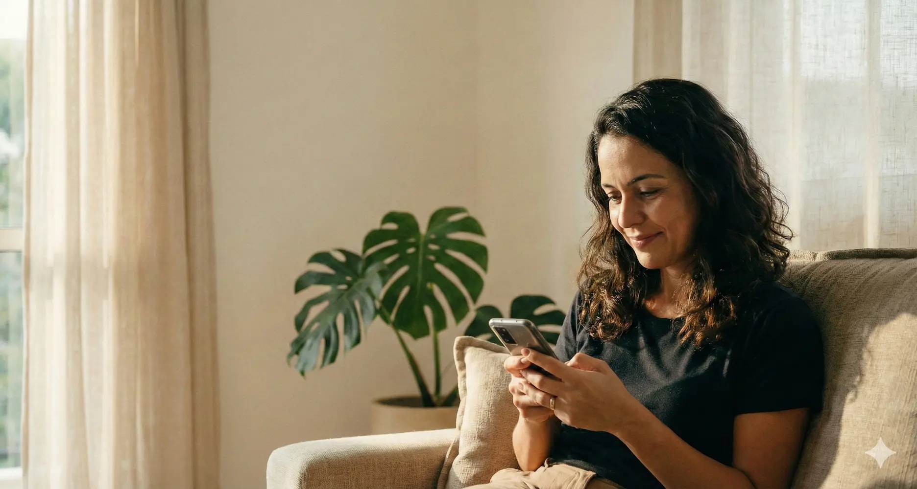 Cliente VegaPay feliz no sofá