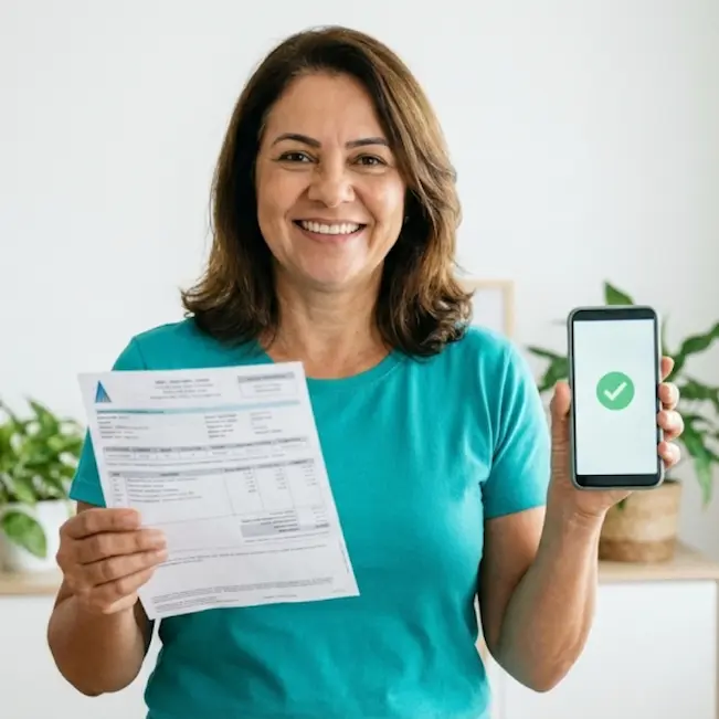 Brasileira sorrindo com celular