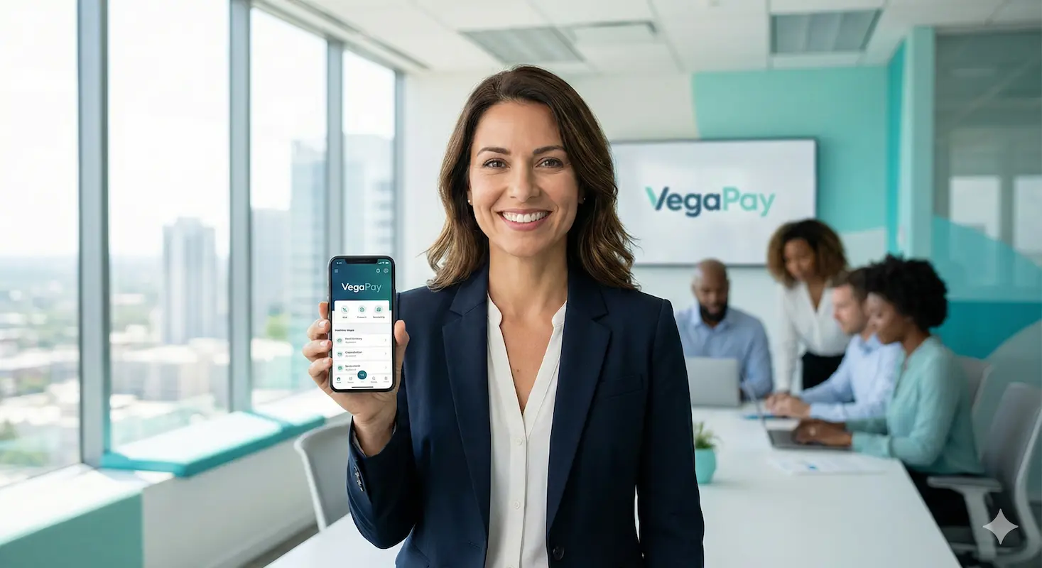 Profissional VegaPay em ambiente executivo