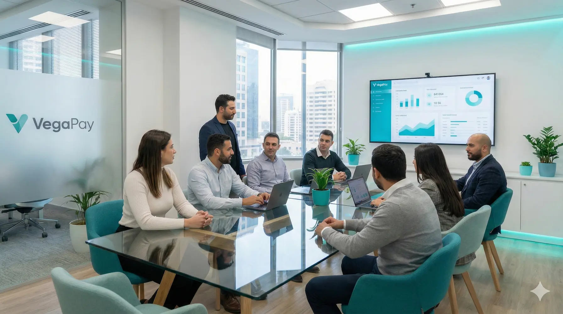 Equipe VegaPay colaborando em um escritório moderno