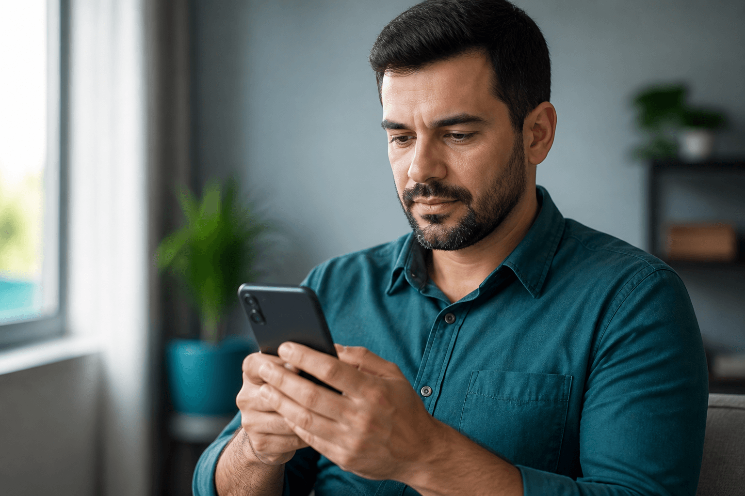 Trabalhador de camisa simples confere o celular com as duas mãos em um ambiente claro, representando a autorização do consignado CLT feita no aplicativo oficial