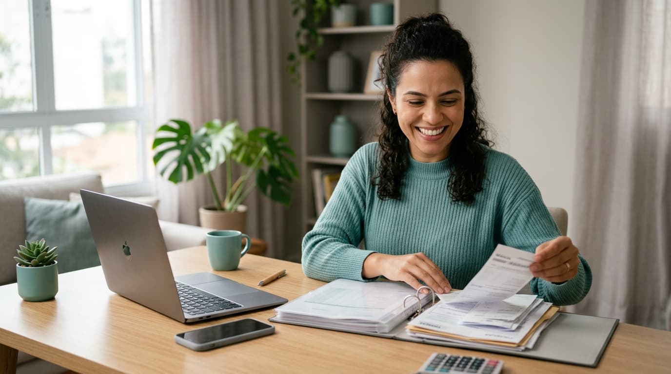 Pessoa sorrindo e aliviada organizando contas e boletos sobre a mesa em casa, com notebook e celular, representando o recomeço financeiro de quem regulariza o CPF.