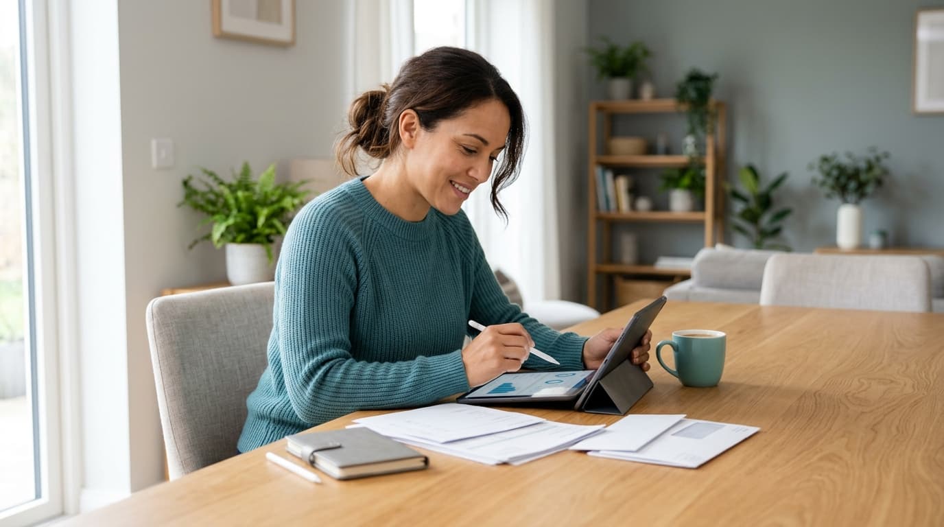 Pessoa organizando as contas em casa, revisando o extrato bancário em um tablet com expressão tranquila.