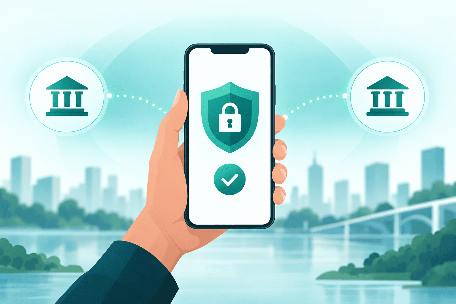 Pessoa segurando um smartphone com tela de autorização, cadeado e escudo, ligando dois bancos de forma segura