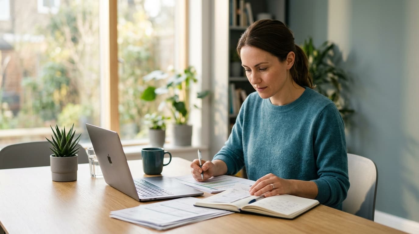 Pessoa sentada à mesa em casa revisando contratos e contas no notebook após a demissão