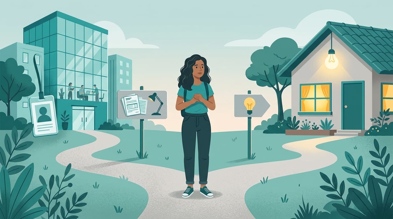 Ilustração de uma pessoa diante de dois caminhos: de um lado, símbolos de trabalho com carteira assinada; do outro, uma casa com uma lâmpada acesa representando a conta de energia.