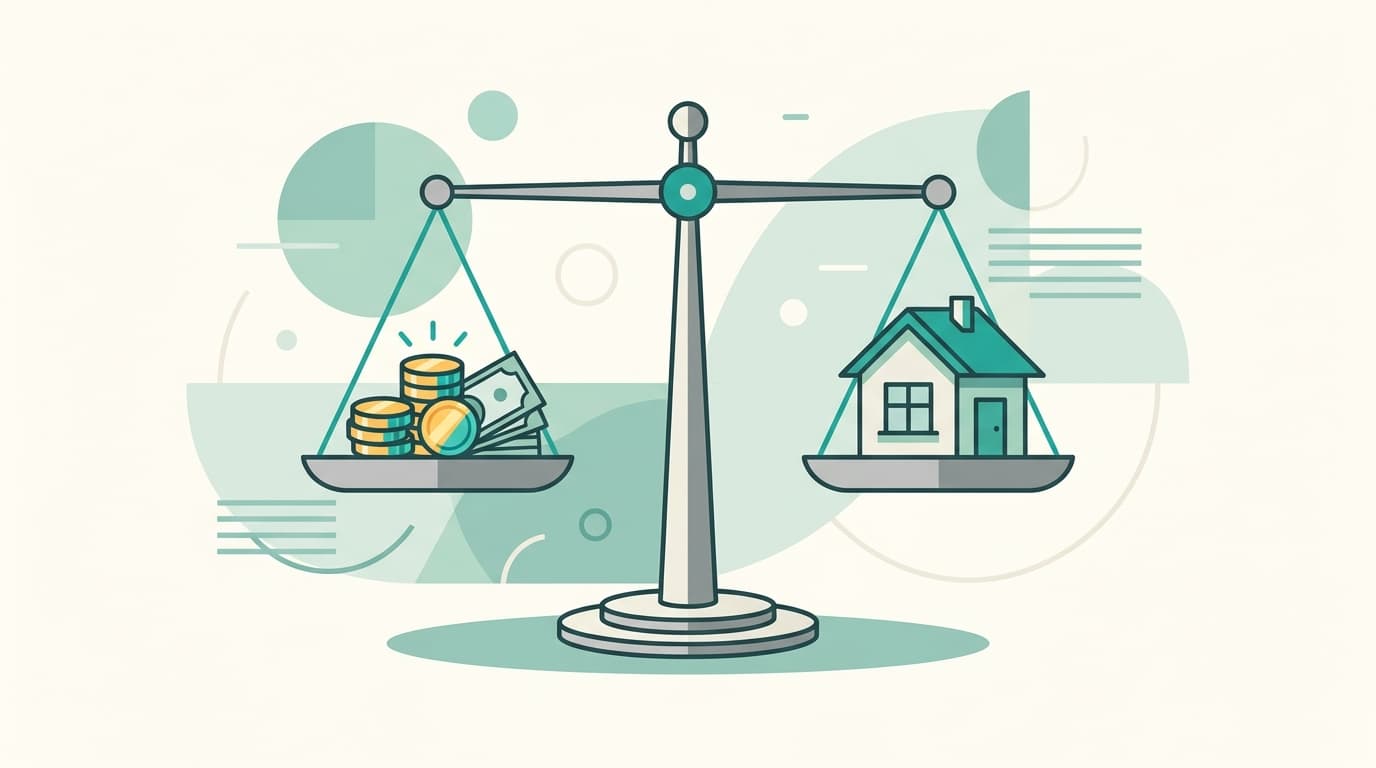 Balança equilibrada com símbolos financeiros representando a escolha entre consignado e empréstimo pessoal.