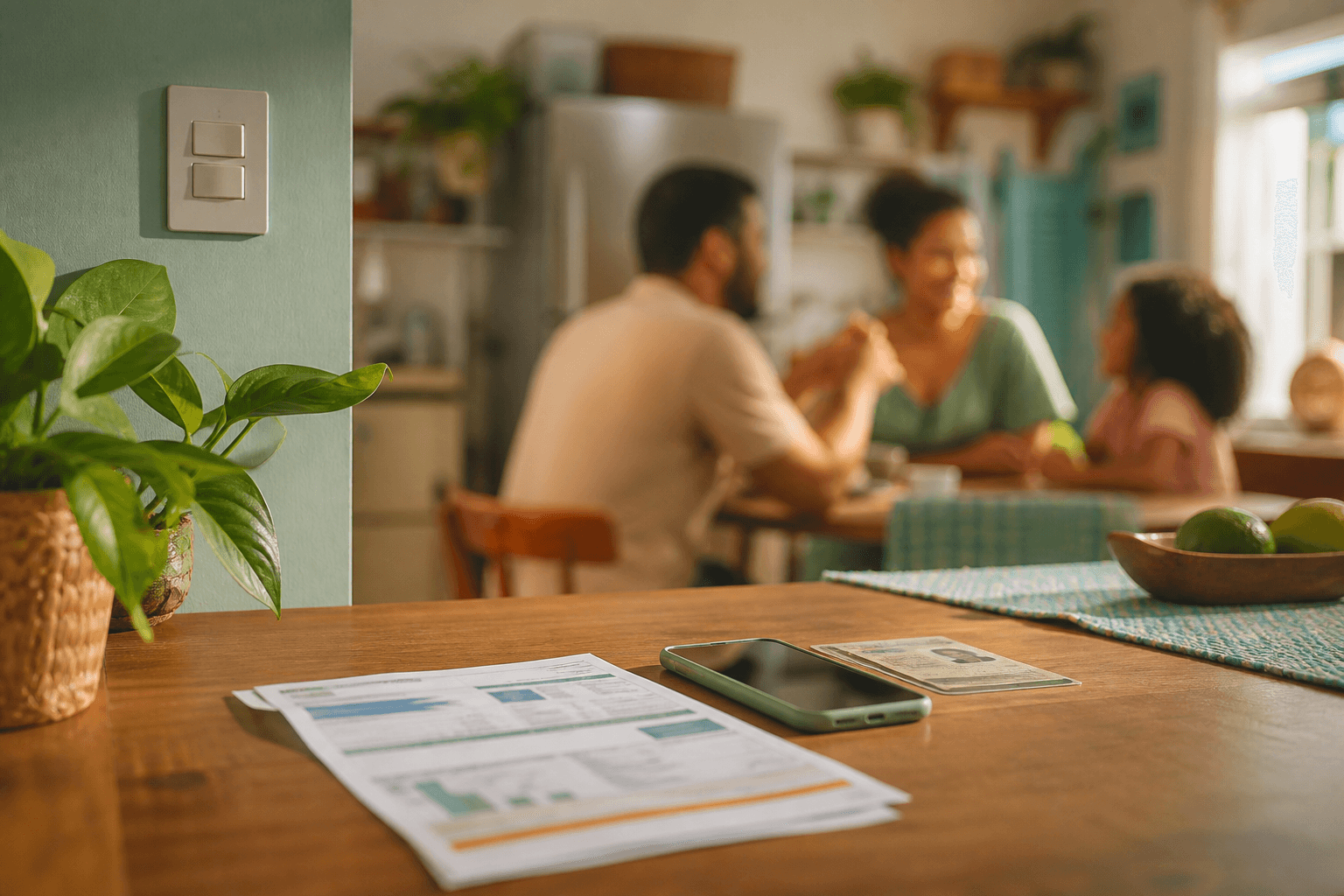 Fatura de energia elétrica sobre a mesa da cozinha, ao lado de um documento de identidade e um celular, em uma casa iluminada por luz natural