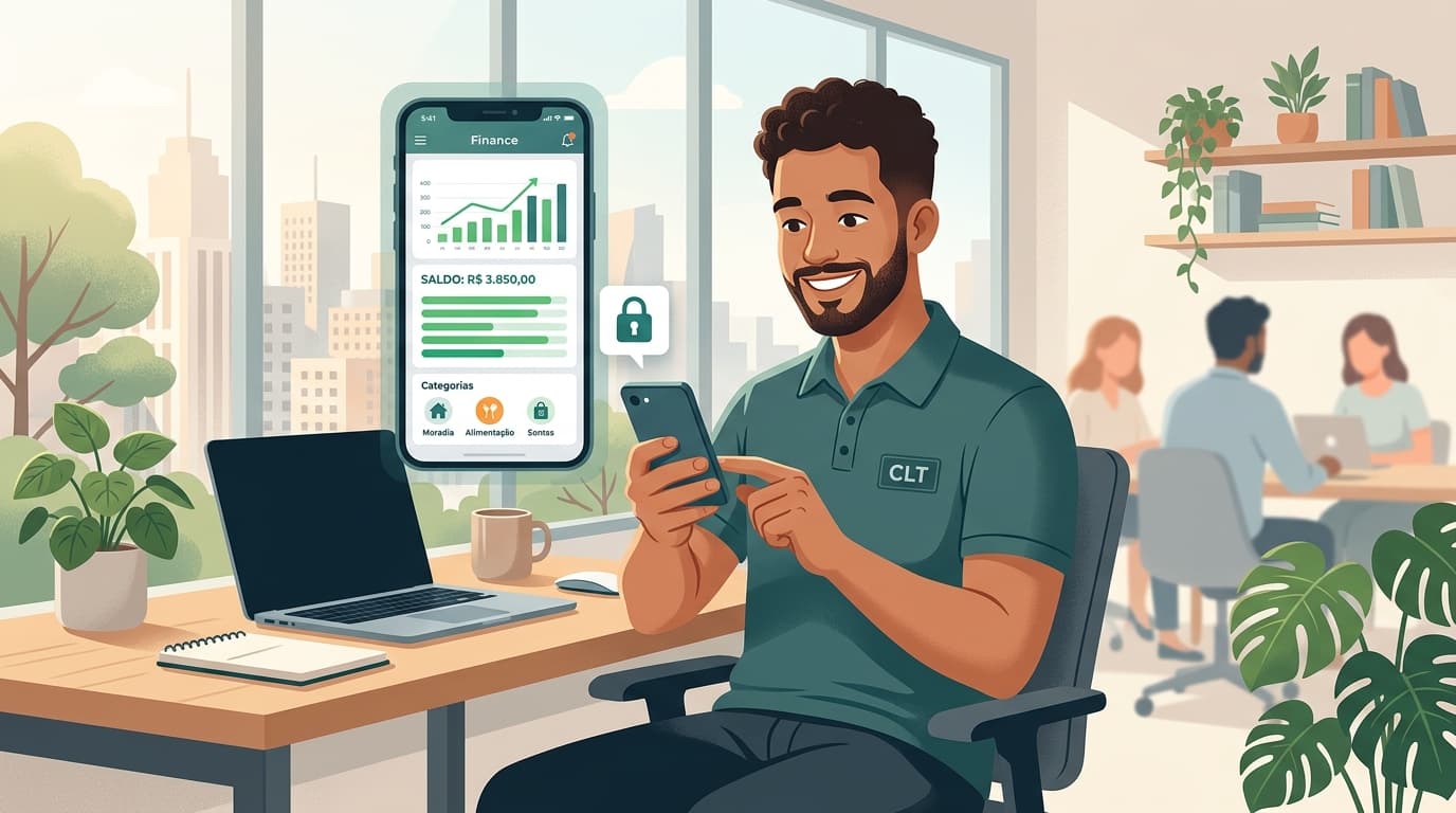 Ilustração de um trabalhador brasileiro de carteira assinada, sorrindo e tranquilo, conferindo as finanças no celular, com tons de verde-azulado e cinza.