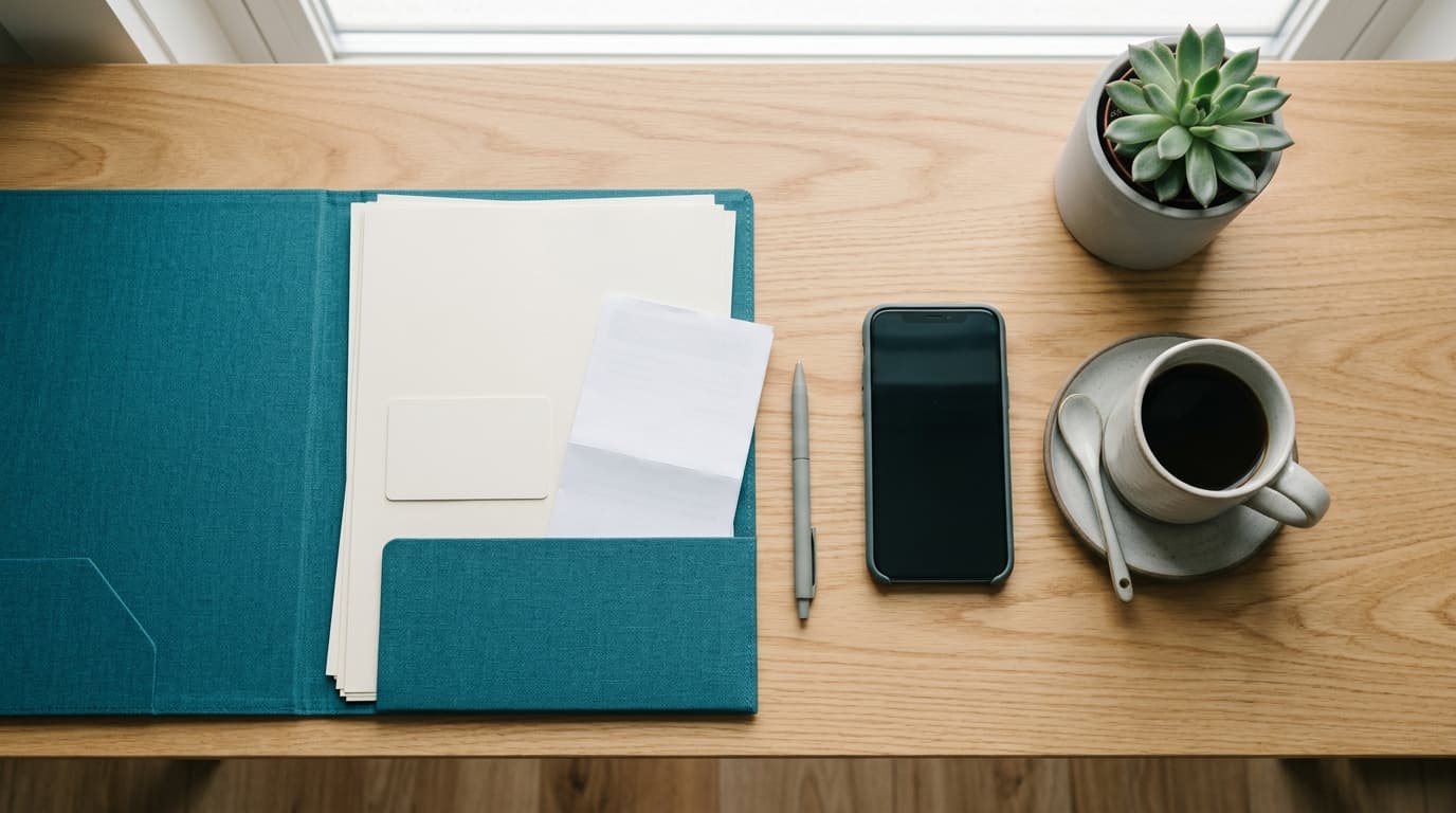 Documentos pessoais, uma fatura de energia e um celular organizados sobre uma mesa clara, representando o preparo para contratar um empréstimo.