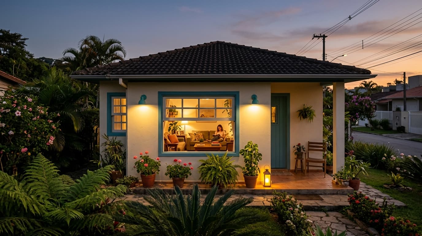 Casa aconchegante ao entardecer com as luzes acesas, representando o empréstimo na conta de luz