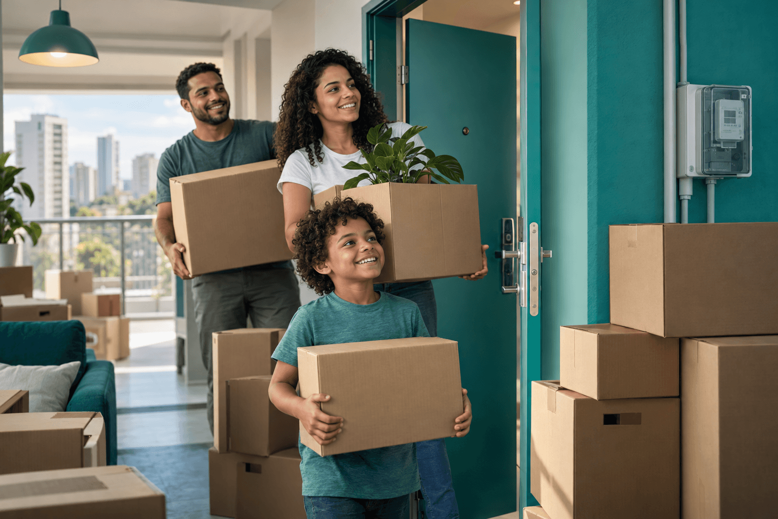 Família fazendo mudança, com caixas na porta de casa e um medidor de energia ao fundo