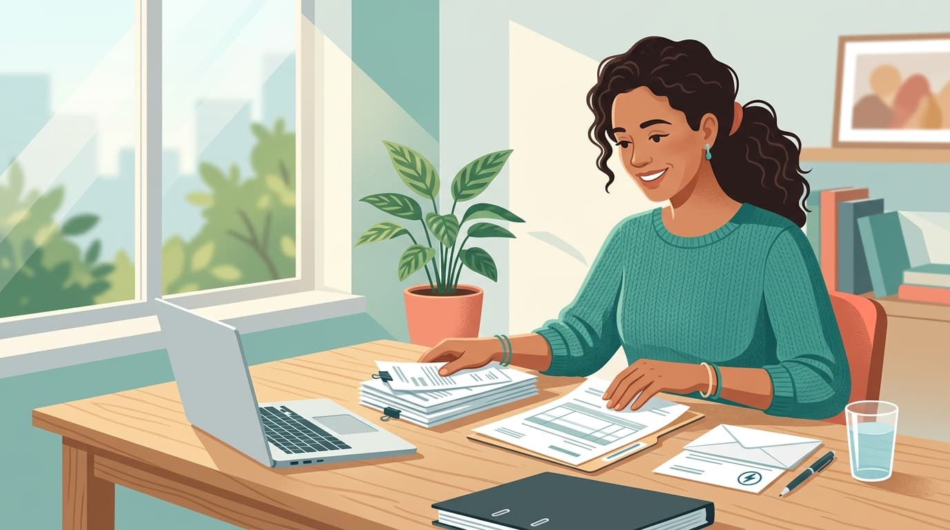 Pessoa organizando contas e documentos sobre a mesa com notebook e conta de energia, representando opções de empréstimo para negativado com segurança.