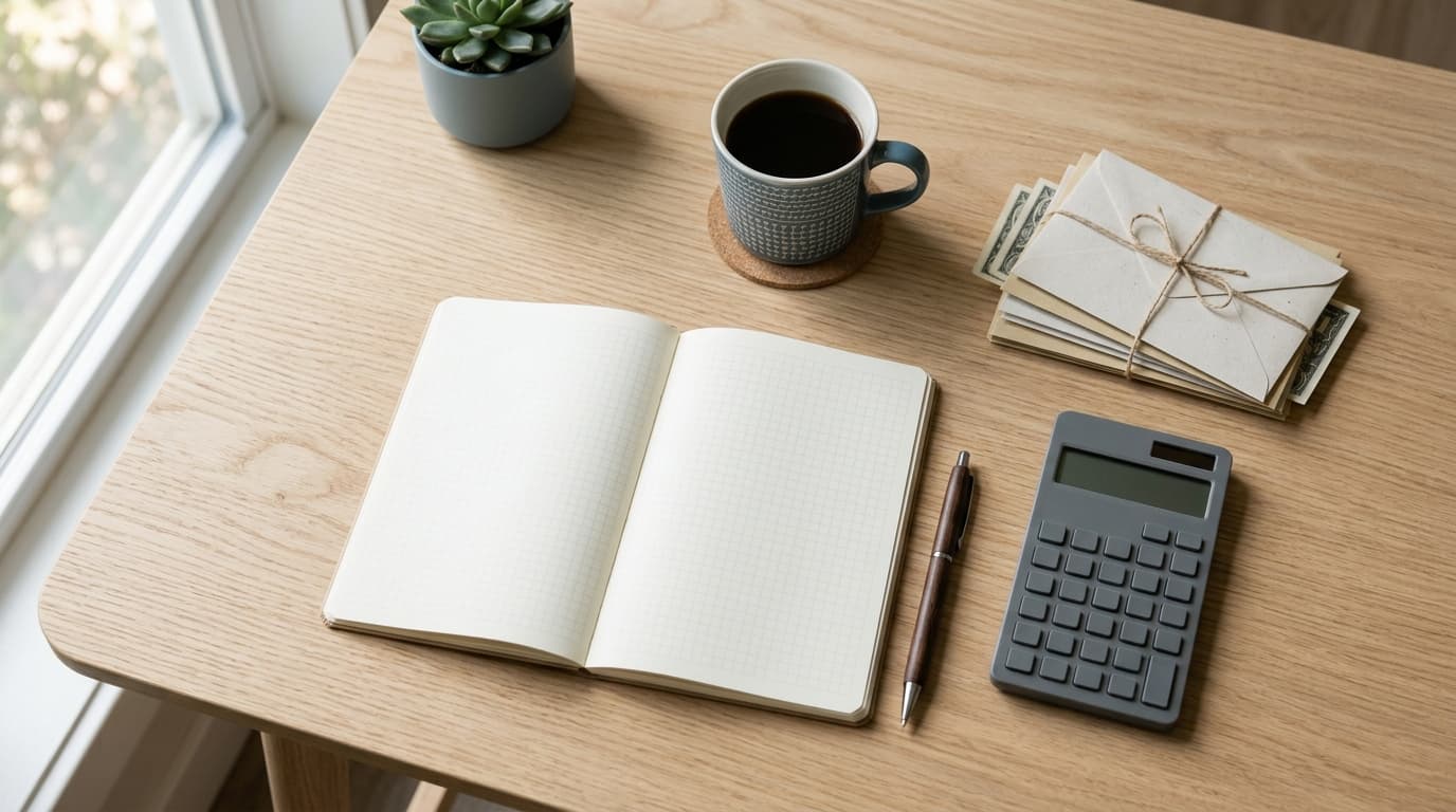 Calculadora, contas de papel e caderno sobre a mesa: organizar as dividas antes de trocar por um emprestimo