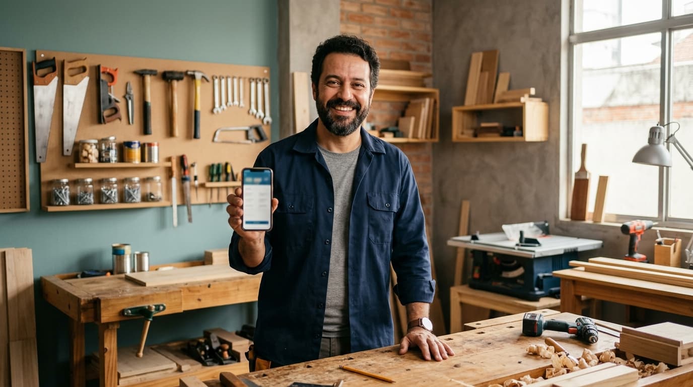 Trabalhador autônomo sorridente em seu pequeno negócio segurando um celular