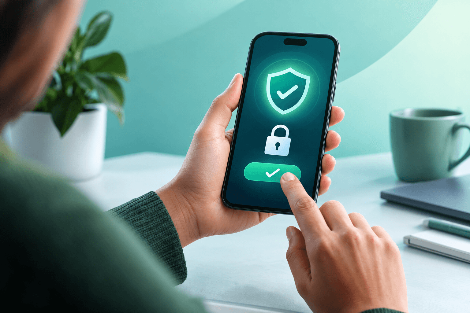 Pessoa segurando um smartphone com um aplicativo protegido por cadeado e escudo, confirmando uma autorização