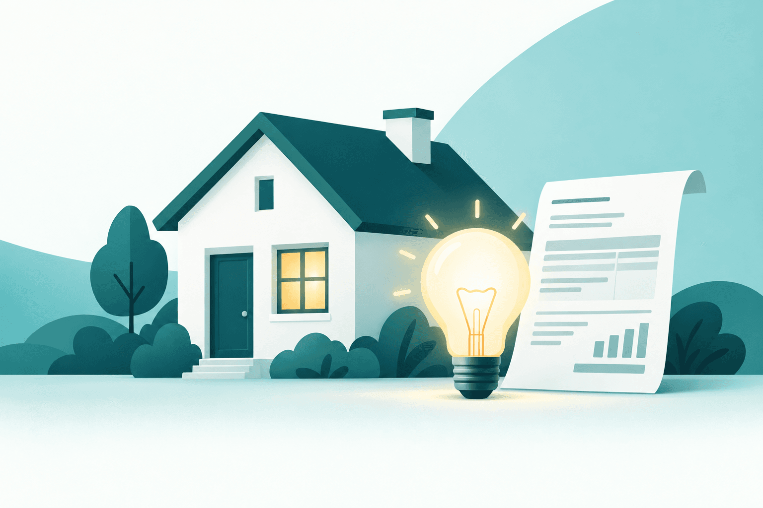 Ilustração de uma casa com uma lâmpada acesa e uma conta de luz em papel, em tons de verde-azulado e branco.
