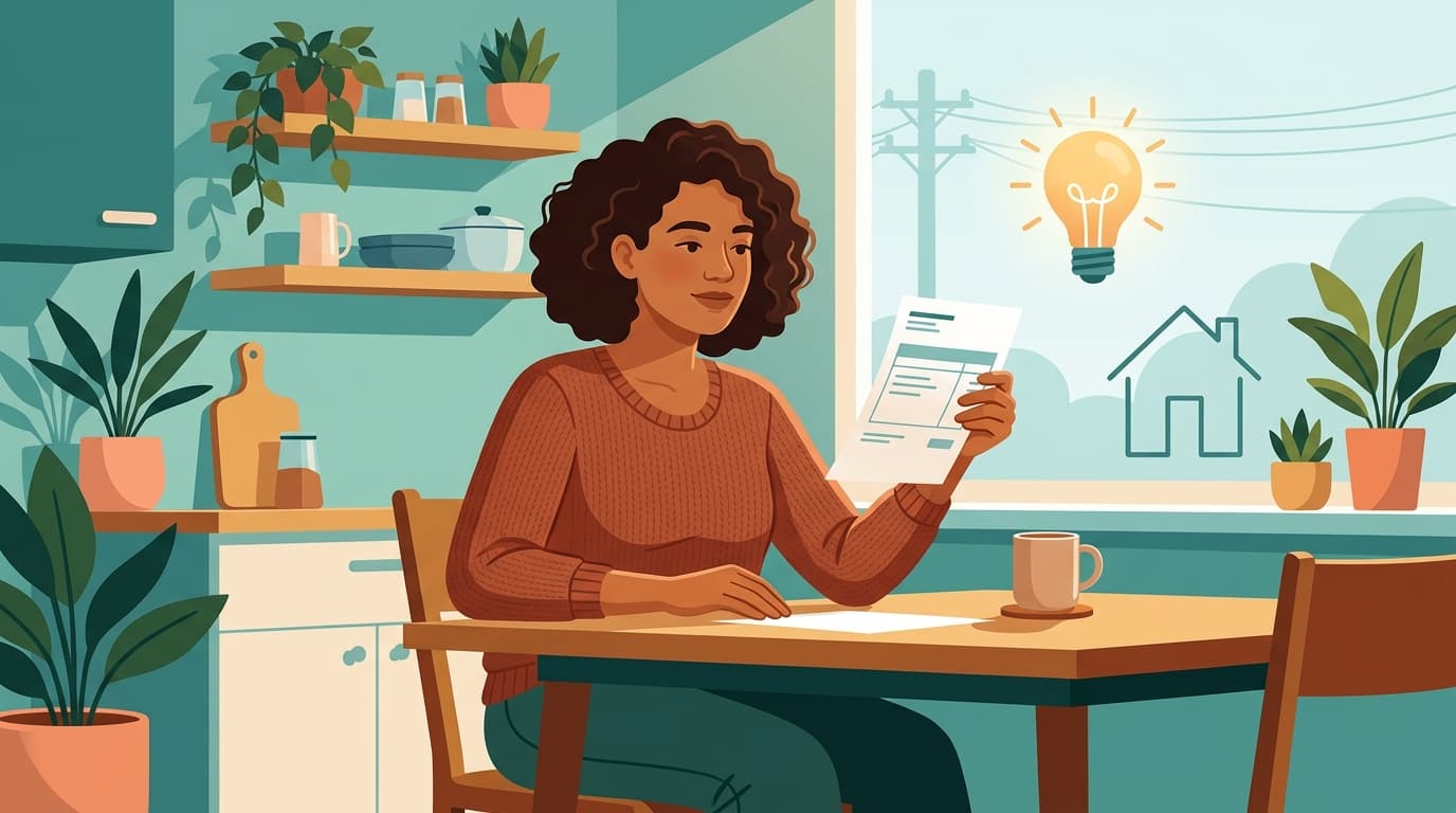 Ilustração de uma pessoa em casa revisando tranquilamente a conta de luz na mesa da cozinha, com tons de verde-azulado e elementos de energia ao fundo.