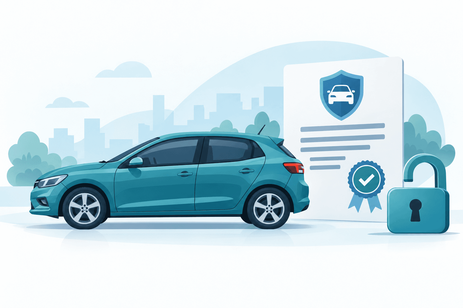 Ilustração de um carro ao lado de um documento com selo e cadeado, representando o registro de garantia do veículo